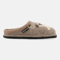 Haflinger Pantoffel Fido in Beige (Beigemeliert Öko) aus Schurwolle mit Hundeapplikation und Filzsohle Seitenansicht 