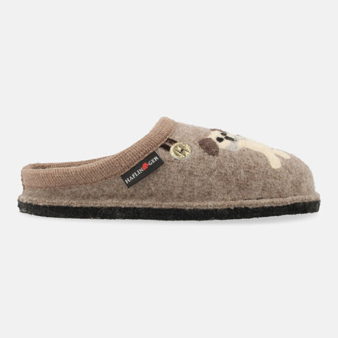 Haflinger Pantoffel Fido in Beige (Beigemeliert Öko) aus Schurwolle mit Hundeapplikation und Filzsohle Seitenansicht 