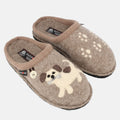 Haflinger Pantoffel Fido in Beige (Beigemeliert Öko) aus Schurwolle mit Hundeapplikation und Filzsohle Seitenansicht 