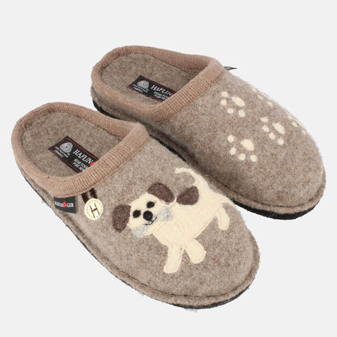 Haflinger Pantoffel Fido in Beige (Beigemeliert Öko) aus Schurwolle mit Hundeapplikation und Filzsohle Seitenansicht 