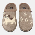 Haflinger Pantoffel Fido in Beige (Beigemeliert Öko) aus Schurwolle mit Hundeapplikation und Filzsohle Vogelperspektive