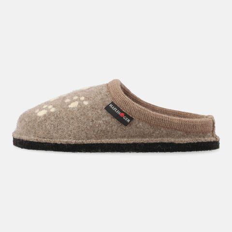 Haflinger Pantoffel Fido in Beige (Beigemeliert Öko) aus Schurwolle mit Hundeapplikation und Filzsohle Seitenansicht 