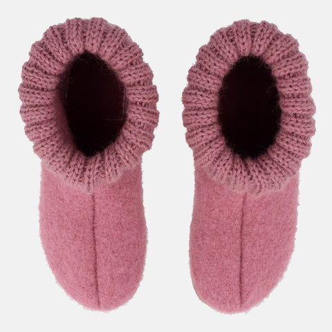 Haflinger Hüttenschuh Karlo in Rosa (Heather Rose) aus Schurwolle mit Kragen und Gummisohle Vogelperspektive