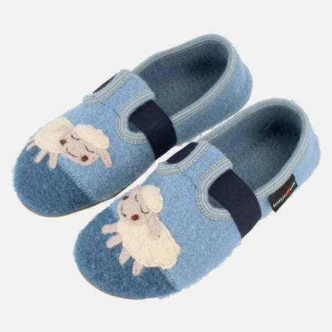Haflinger Slipper Schnucki in Blau (Nebel) aus reiner Schurwolle mit Gummisohle Vogelperspektive