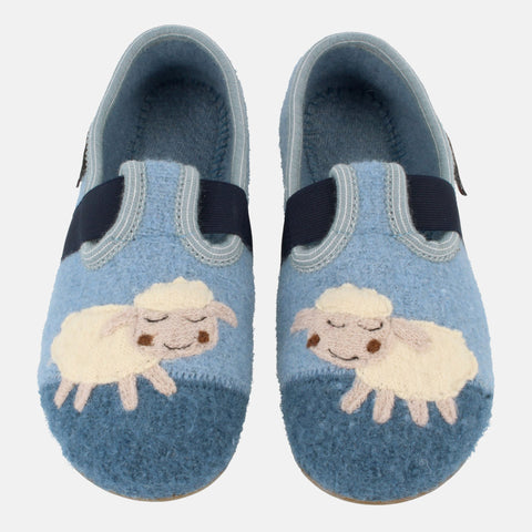 Haflinger Slipper Schnucki in Blau (Nebel) aus reiner Schurwolle mit Gummisohle Vogelperspektive