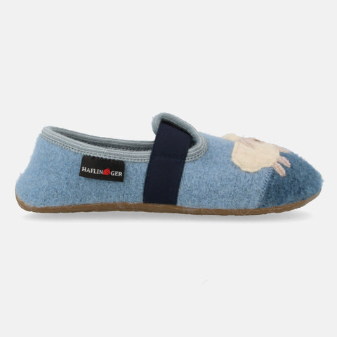 Haflinger Slipper Schnucki in Blau (Nebel) aus reiner Schurwolle mit Gummisohle Seitenansicht