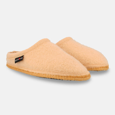 Haflinger Pantoffel Striped in Pfirsich (Peach) aus Walkstoff mit Filzsohle Seitenansicht