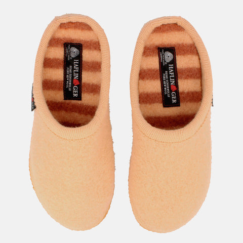 Haflinger Pantoffel Striped in Pfirsich (Peach) aus Walkstoff mit Filzsohle Vogelperspektive