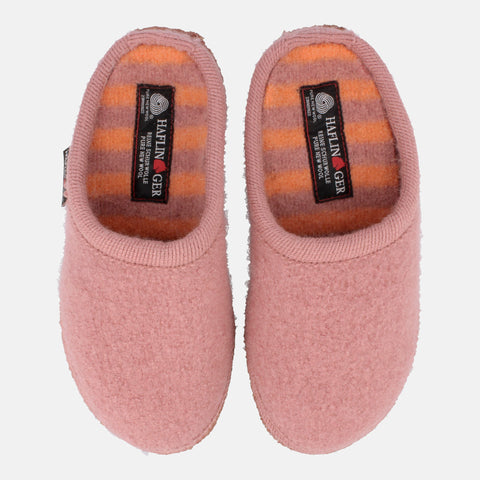Haflinger Pantoffel Striped in Pink (Rouge) aus Walkstoff mit Filzsohle Vogelperspektive