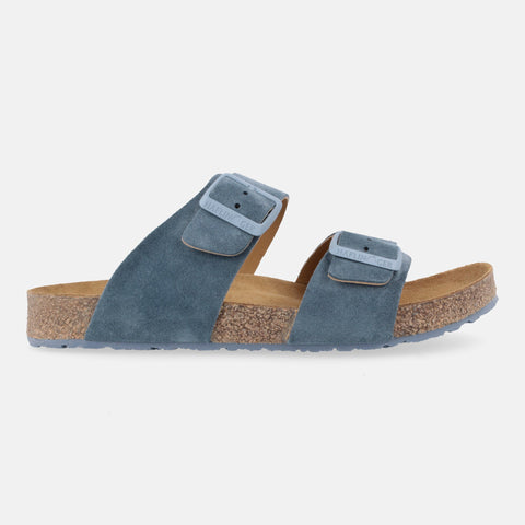 Haflinger Sandale Andrea in Blau (Jeans) aus Leder mit Korkfußbett und verstellbaren Schnallen Seitenansicht