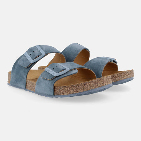Haflinger Sandale Andrea in Blau (Jeans) aus Leder mit Korkfußbett und verstellbaren Schnallen Seitenansicht