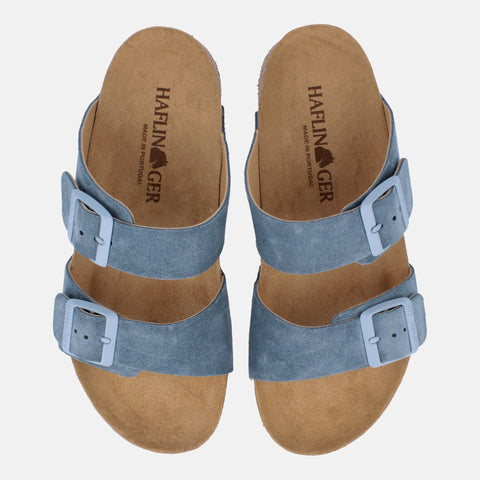 Haflinger Sandale Andrea in Blau (Jeans) aus Leder mit Korkfußbett und verstellbaren Schnallen Vogelperspektive