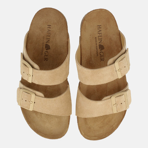 Haflinger Sandale Andrea in Beige (Sahara) aus Leder mit Korkfußbett und verstellbaren Schnallen Vogelperspektive