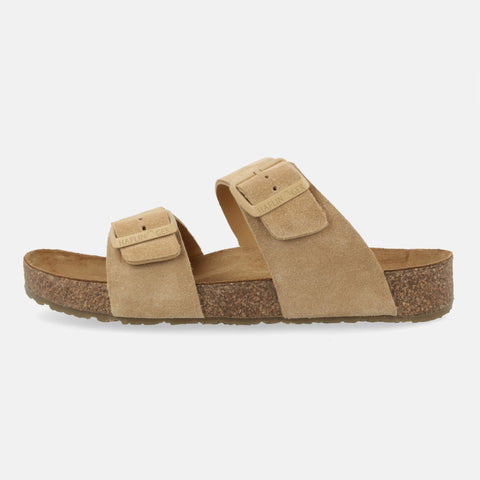Haflinger Sandale Andrea in Beige (Sahara) aus Leder mit Korkfußbett und verstellbaren Schnallen Seitenansicht