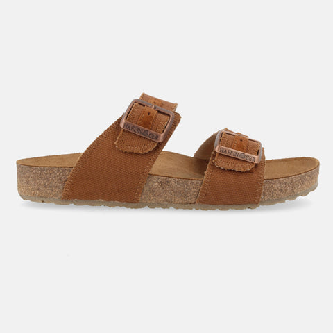 Haflinger Sandale Andrea in Braun (Camel Canvas) aus Leder mit Korkfußbett und verstellbaren Schnallen Seitenansicht