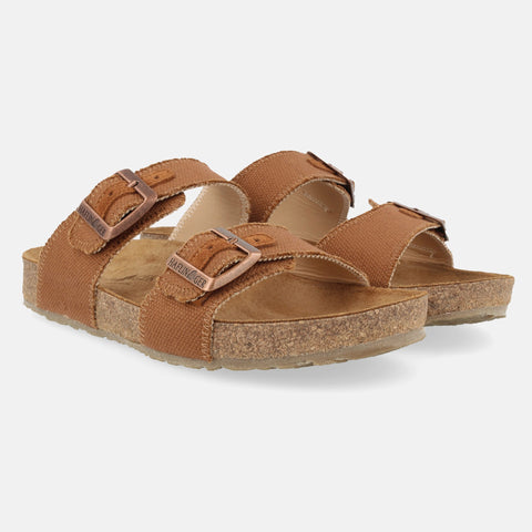 Haflinger Sandale Andrea in Braun (Camel Canvas) aus Leder mit Korkfußbett und verstellbaren Schnallen Seitenansicht