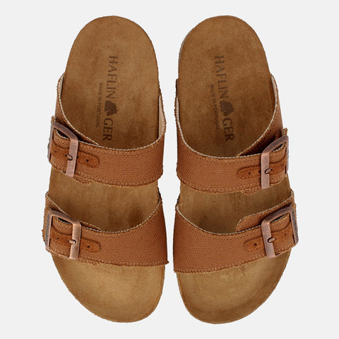 Haflinger Sandale Andrea in Braun (Camel Canvas) aus Leder mit Korkfußbett und verstellbaren Schnallen Vogelperspektive