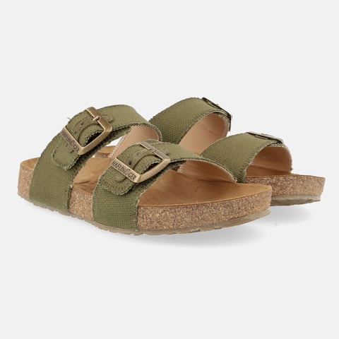 Haflinger Sandale Andrea in Grün (Oliv Canvas) aus Leder mit Korkfußbett und verstellbaren Schnallen Seitenansicht