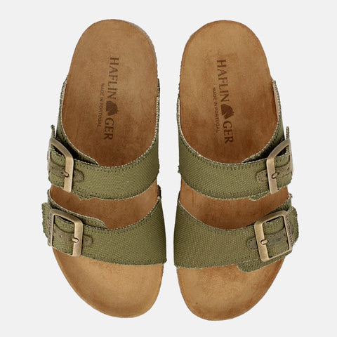 Haflinger Sandale Andrea in Grün (Oliv Canvas) aus Leder mit Korkfußbett und verstellbaren Schnallen Vogelperspektive