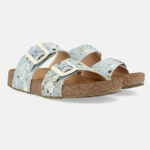 Haflinger Sandale Andrea in Hellblau (Jeans Canvas) aus Leder mit Korkfußbett und verstellbaren Schnallen Seitenansicht
