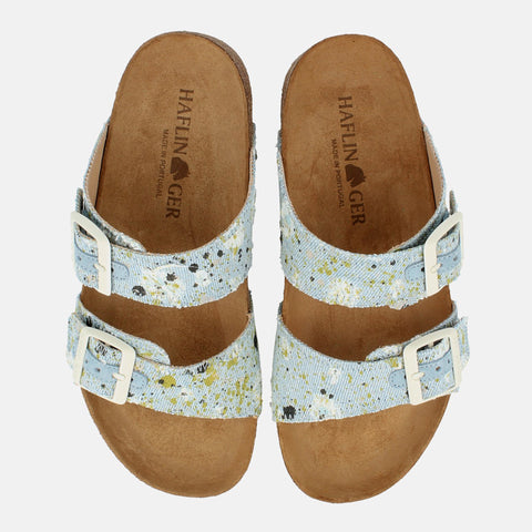 Haflinger Sandale Andrea in Hellblau (Jeans Canvas) aus Leder mit Korkfußbett und verstellbaren Schnallen Vogelperspektive