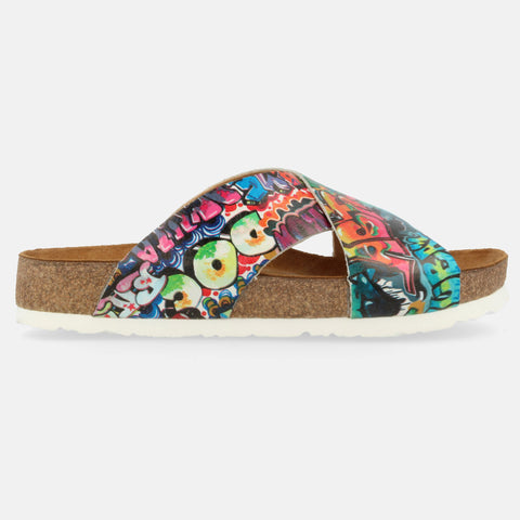Haflinger Sandale Mio in Bunt (Multidrawing) aus Leder mit Riemen Seitenansicht
