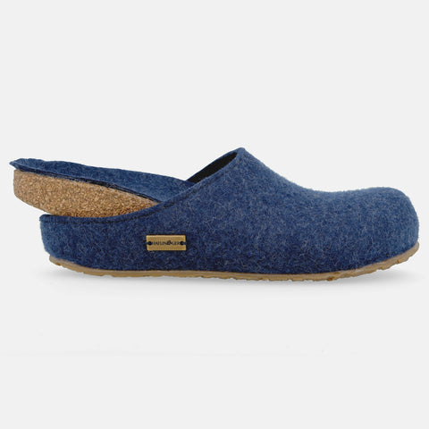 Haflinger Filzclog Michl in Blau (Jeans) aus Filz mit herausnehmbarem Fußbett Seitenansicht 