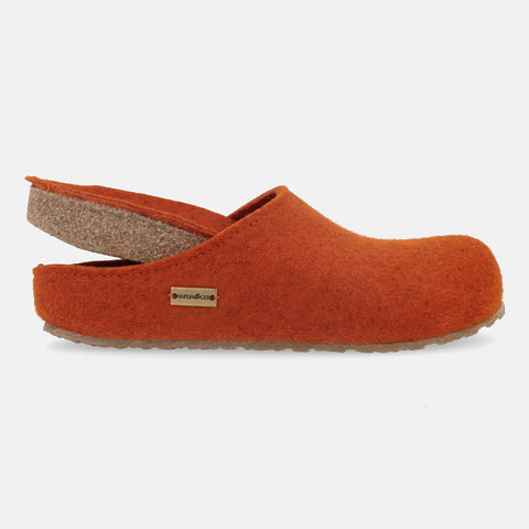Haflinger Filzclog Michl in Orange (Rost) aus Filz mit herausnehmbarem Fußbett Seitenansicht 