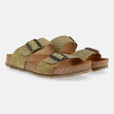 Haflinger Sandale Andrea in Grün (Oliv Reptil) aus Leder mit Korkfußbett und verstellbaren Schnallen Seitenansicht