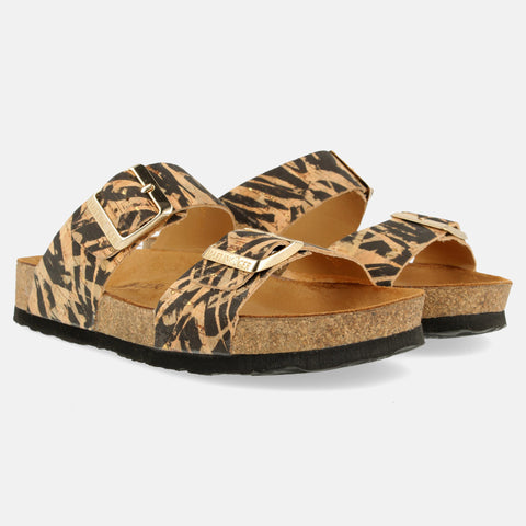 Haflinger Sandale Andrea in Beige/Schwarz (Corkmulti Zebra) aus Leder mit Korkfußbett und verstellbaren Schnallen Seitenansicht
