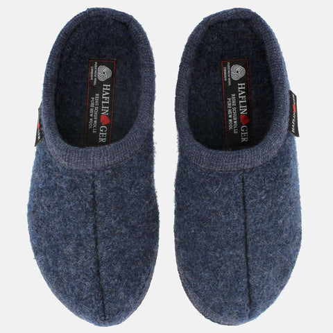 Haflinger Pantoffel Alaska in Blau (Jeans) aus Walkstoff mit Filzsohle Vogelperspektive