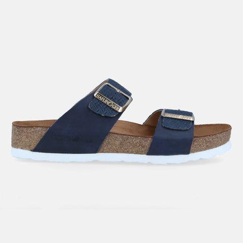 Haflinger Sandale Andrea in Blau (Braided Marine) aus Leder mit Korkfußbett und verstellbaren Schnallen Seitenansicht