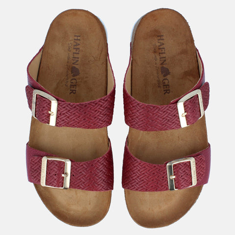 Haflinger Sandale Andrea in Rot (Braided Bordeaux) aus Leder mit Korkfußbett und verstellbaren Schnallen Vogelperspektive