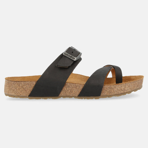 Haflinger Sandale Juno in Schwarz (Country Schwarz) aus Leder mit Korkfußbett und verstellbarer Schnalle Seitenansicht